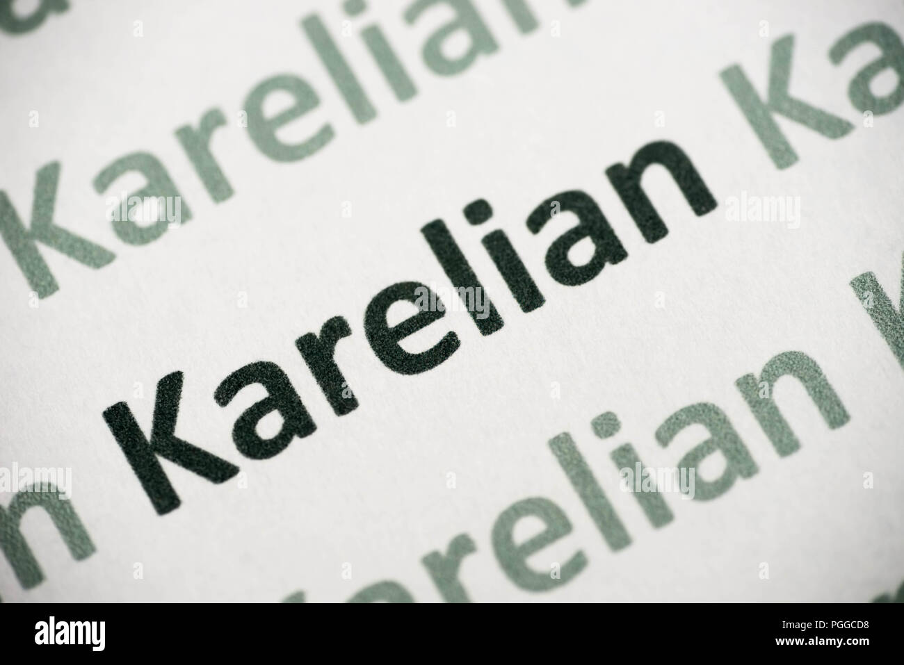 Parola lingua Karelian stampato su carta bianca macro Foto Stock