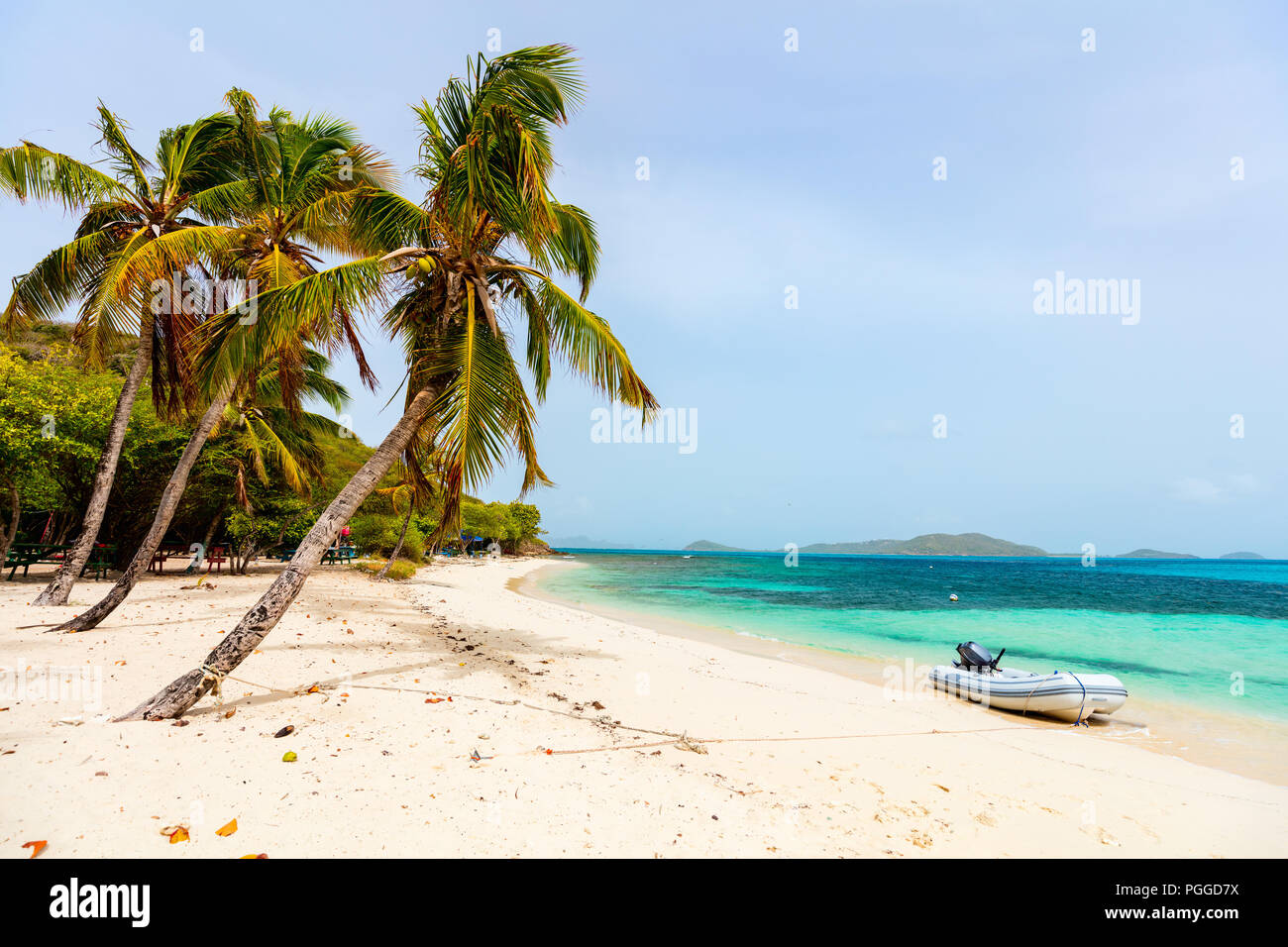 Spiaggia tropicale idilliaco con sabbia bianca, palme e Caraibi turchesi acque del mare sull'isola esotica a Tobago Cays a St Vincent e Grenadine Foto Stock
