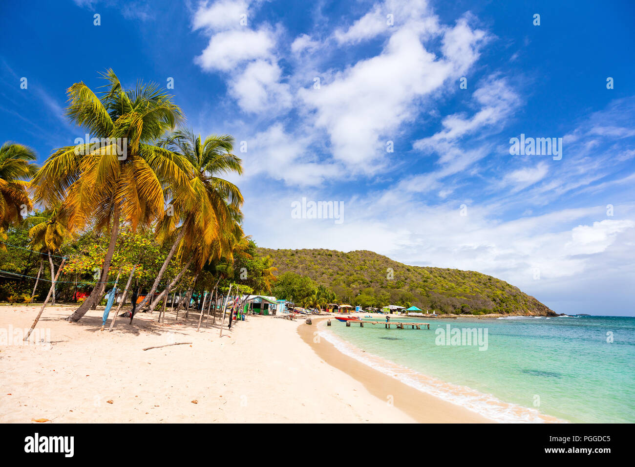 Spiaggia tropicale idilliaco con sabbia bianca, palme e turchese del mare dei Caraibi acqua su Mayreau isola in St Vincent e Grenadine Foto Stock