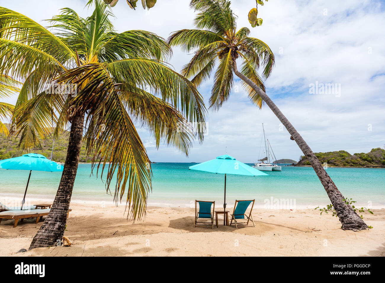 Spiaggia tropicale idilliaco con sabbia bianca, palme e turchese del mare dei Caraibi acqua su Mayreau isola in St Vincent e Grenadine Foto Stock