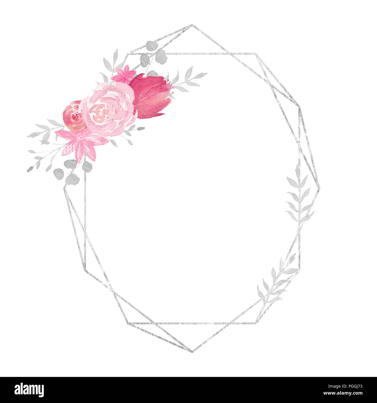 Acquerello telaio poligonale frontiera con la decorazione floreale con rose, foglie, fiori e rami. Perfetta per matrimoni, inviti, blog,modello macchina Foto Stock