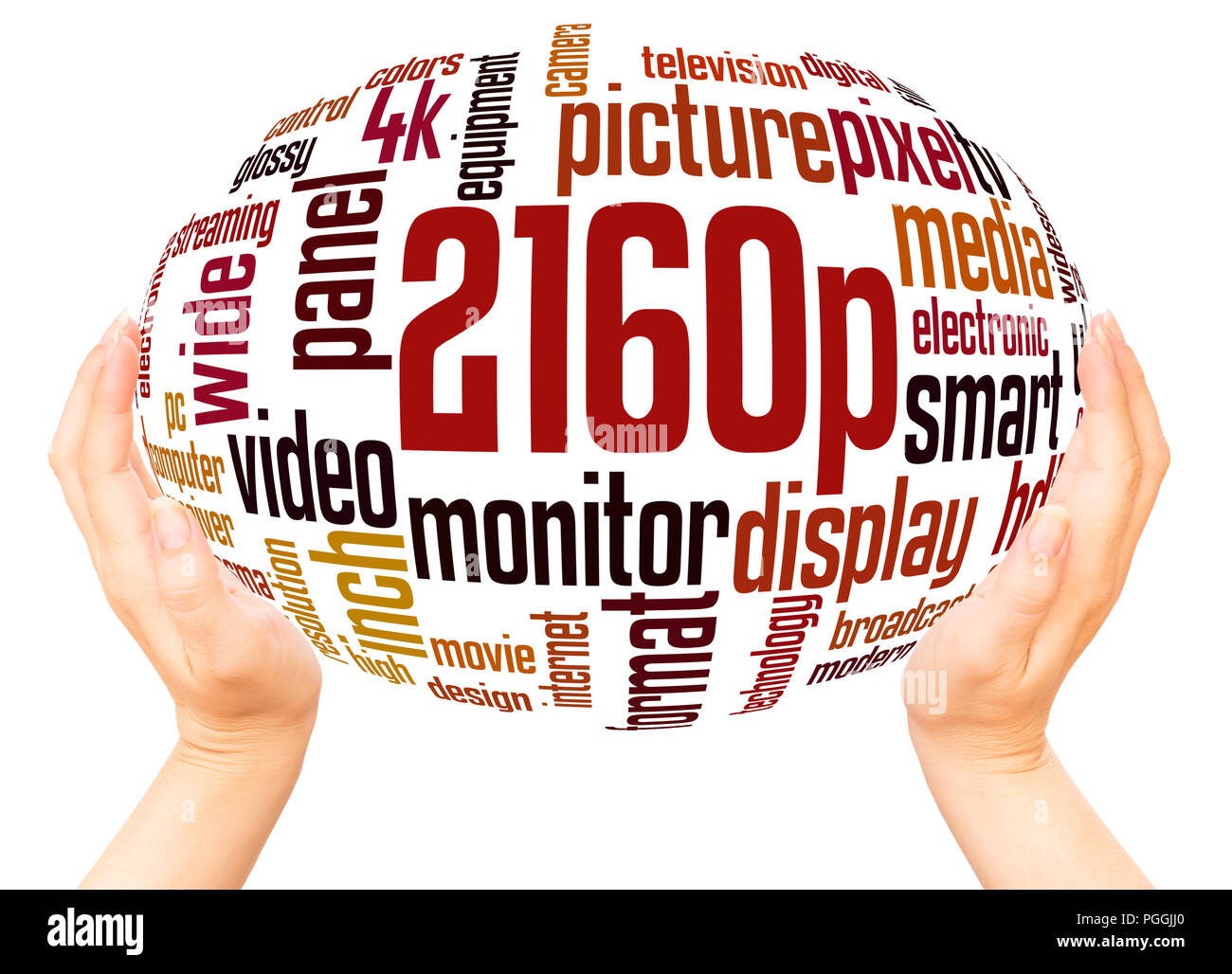 2160p risoluzione dello schermo word cloud sfera mano concetto su sfondo bianco. Foto Stock