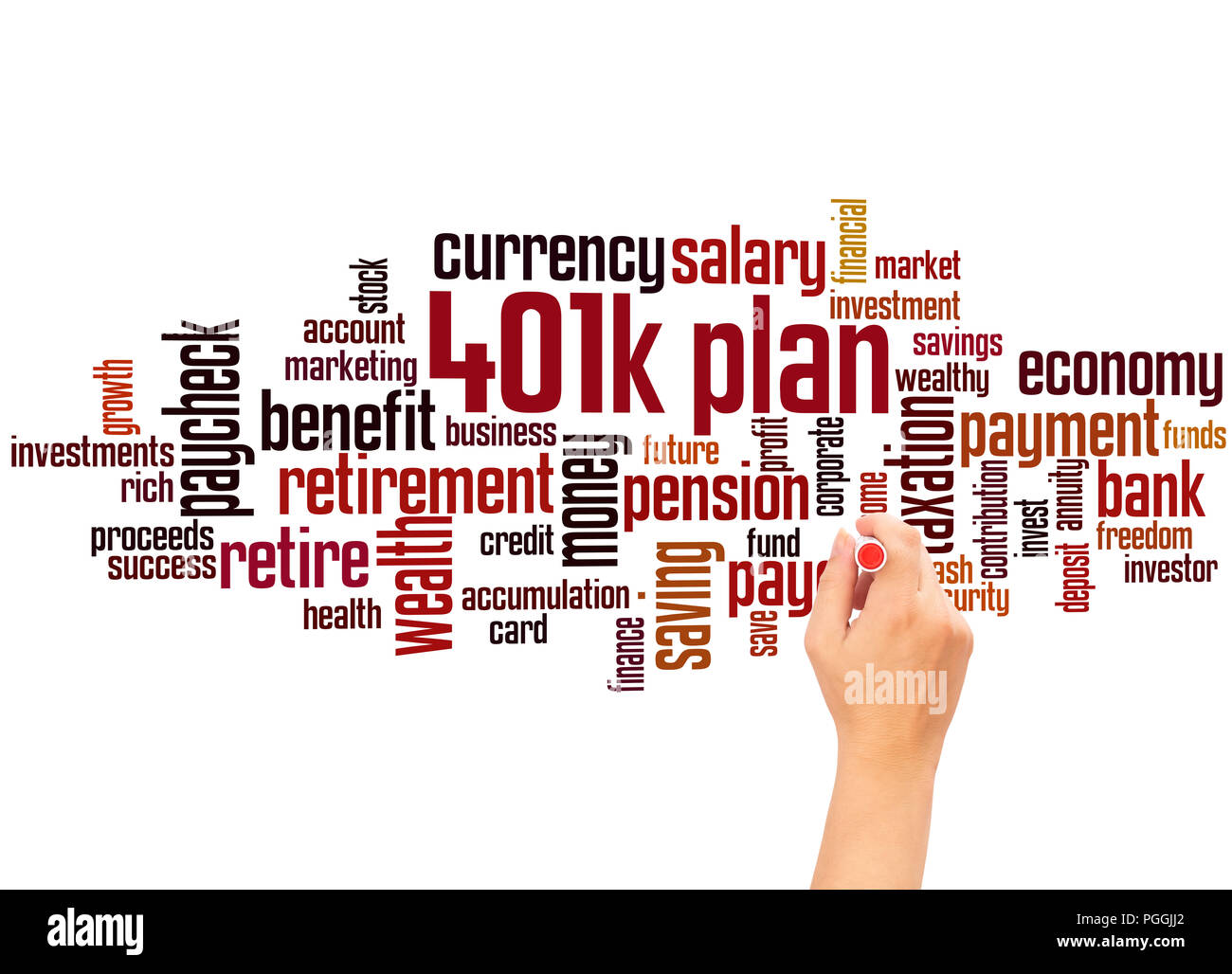 401k piano cloud di parola e la scrittura a mano concetto su sfondo bianco. Foto Stock