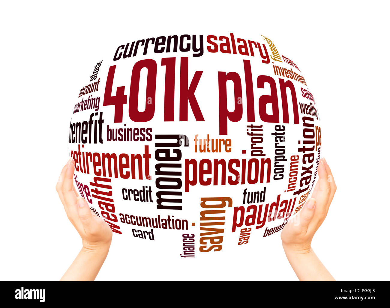 401k plan parola sfera cloud concetto su sfondo bianco. Foto Stock