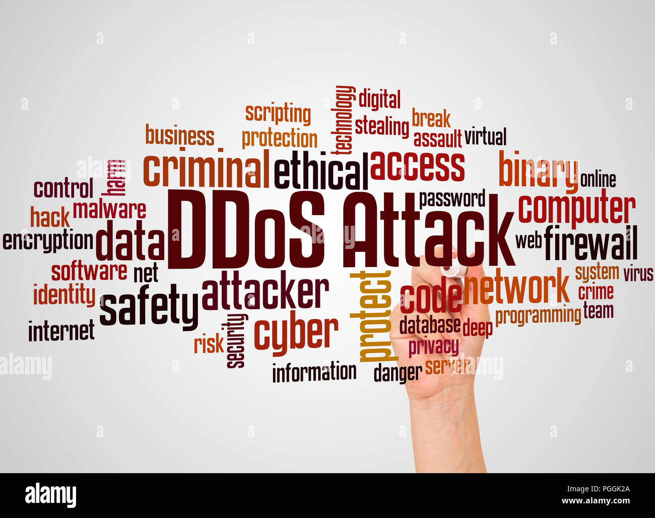 Attacco DDoS word cloud e la mano con il concetto di marcatore sul gradiente dello sfondo. Attacchi DDoS (Distributed Denial of Service) è un tentativo di fare un onlin Foto Stock