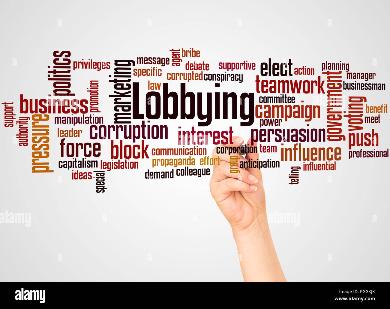 Attività di lobbying word cloud e la mano con il concetto di marcatore sul gradiente dello sfondo. Foto Stock