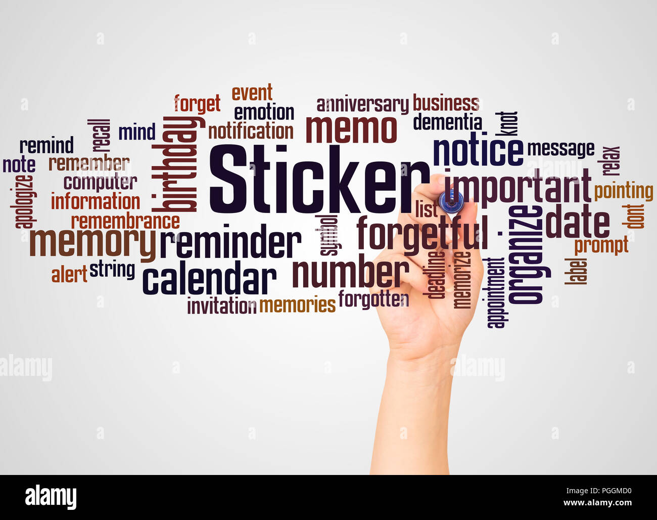 Adesivo cloud di parola e la mano con il concetto di marcatore su sfondo bianco. Foto Stock