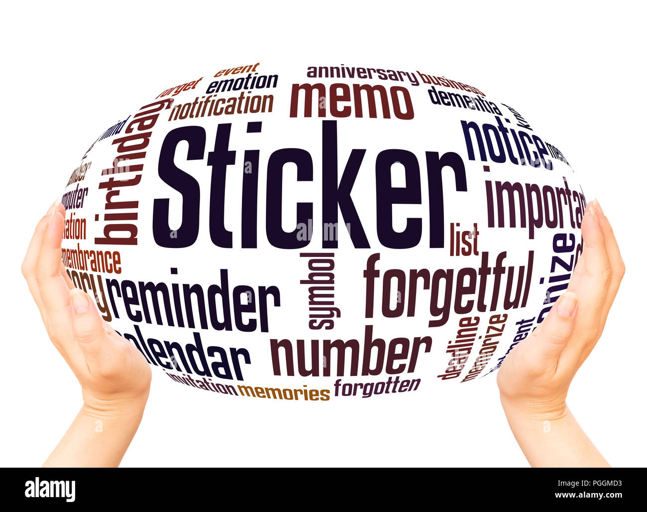 Sticker word cloud sfera mano concetto su sfondo bianco. Foto Stock