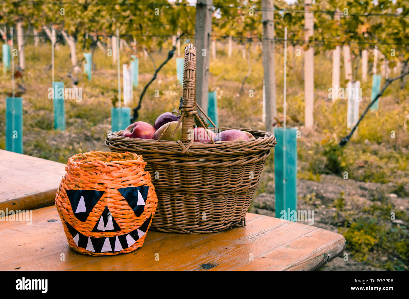 Le mele rosse nel cesto e zucca Foto Stock