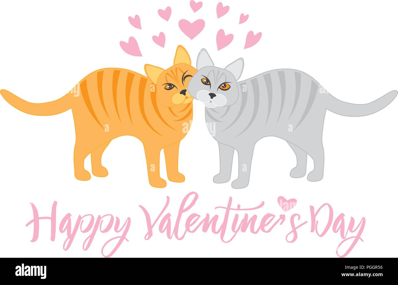 Coppia di Calico e Tabby Gatti Snuggling con Happy Valentines Day testo isolato su sfondo bianco illustrazione Illustrazione Vettoriale