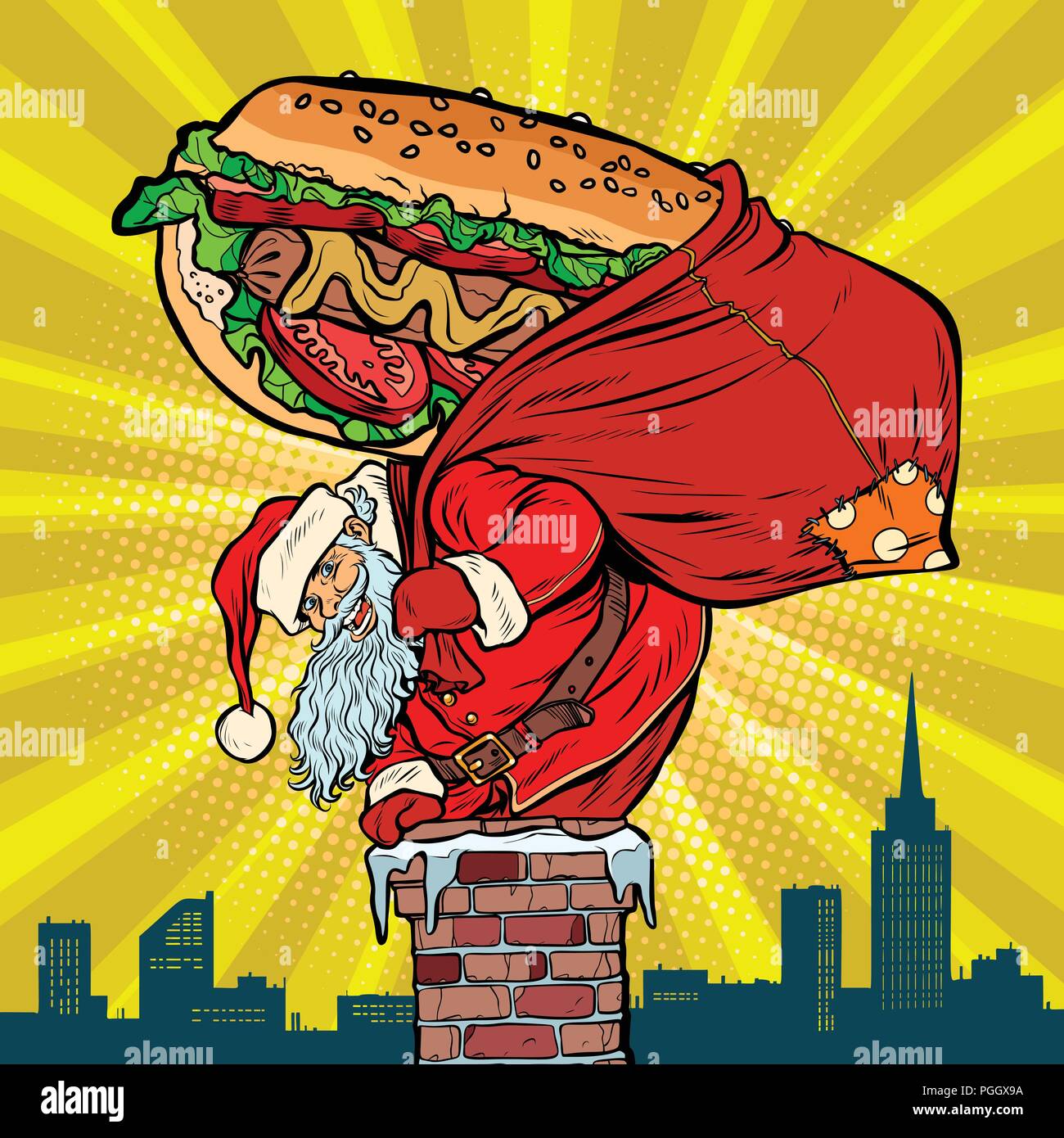 Babbo Natale con un hot dog risale il camino. Consegna del cibo Illustrazione Vettoriale