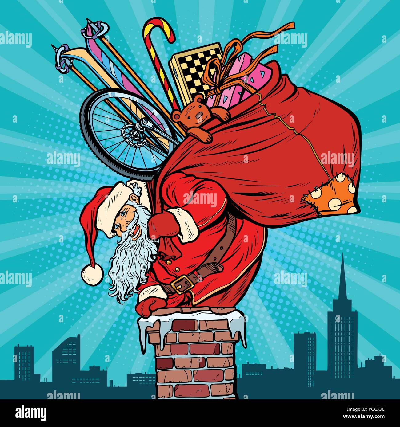 Le attività e i giochi. Babbo Natale con i doni si arrampica in chi Illustrazione Vettoriale