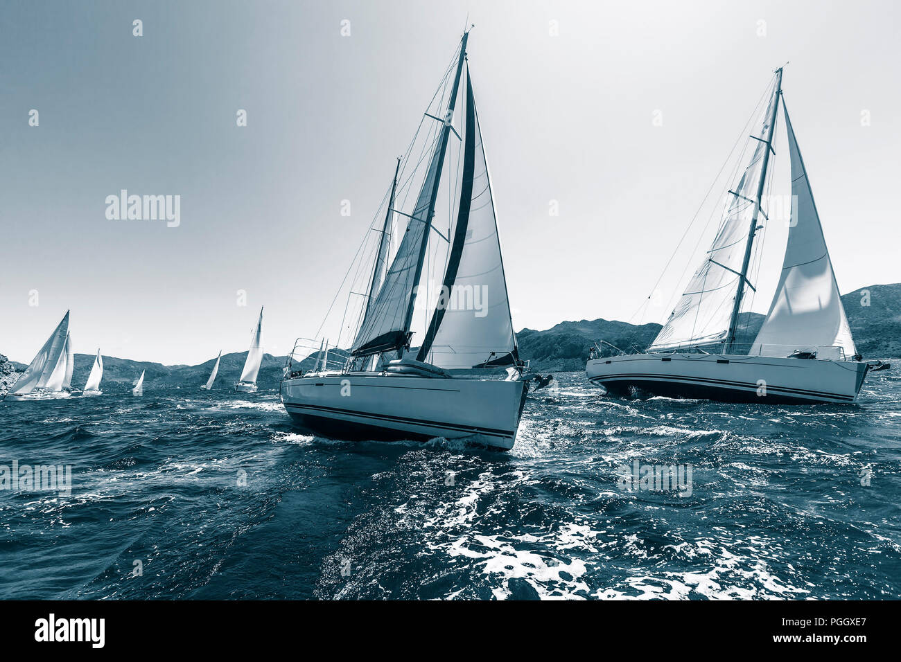 Regata a vela attraverso le onde del mare. In colori freddi. Foto Stock