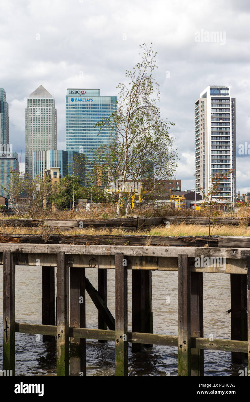 Canary Wharf London - quartiere finanziario in una giornata noosa. Sembra che gli edifici, e l'economia, ecc, ha basi di pali di legno inadeguate. Foto Stock