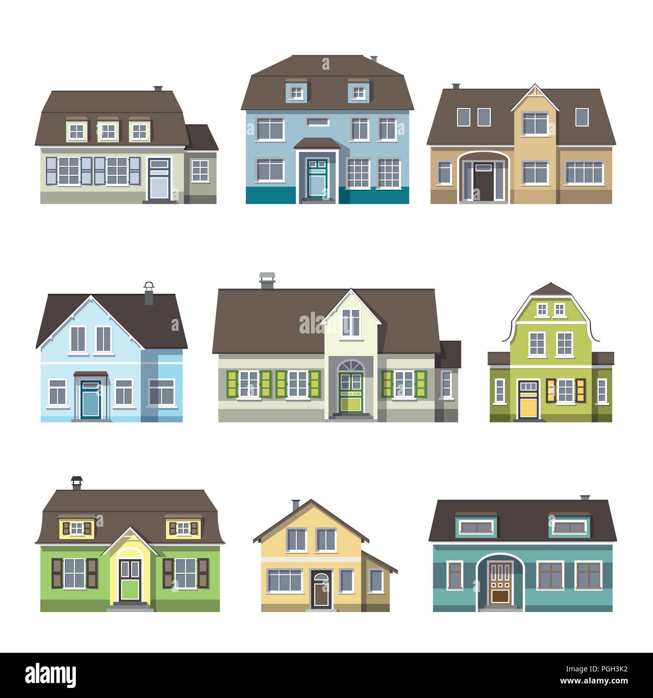 Set di classica casa cottage, vista frontale. Isolato su sfondo bianco. Illustrazione Vettoriale