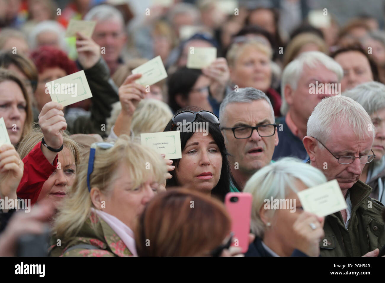 La gente di leggere ad alta voce i nomi dei bambini che si ritrovano a protestare presso il sito dell'ex Tuam casa per ragazze madri nella Contea di Galway, dove una massa tomba di intorno 800 neonati è stato recentemente scoperto, durante la visita in Irlanda da Papa Francesco. Foto Stock