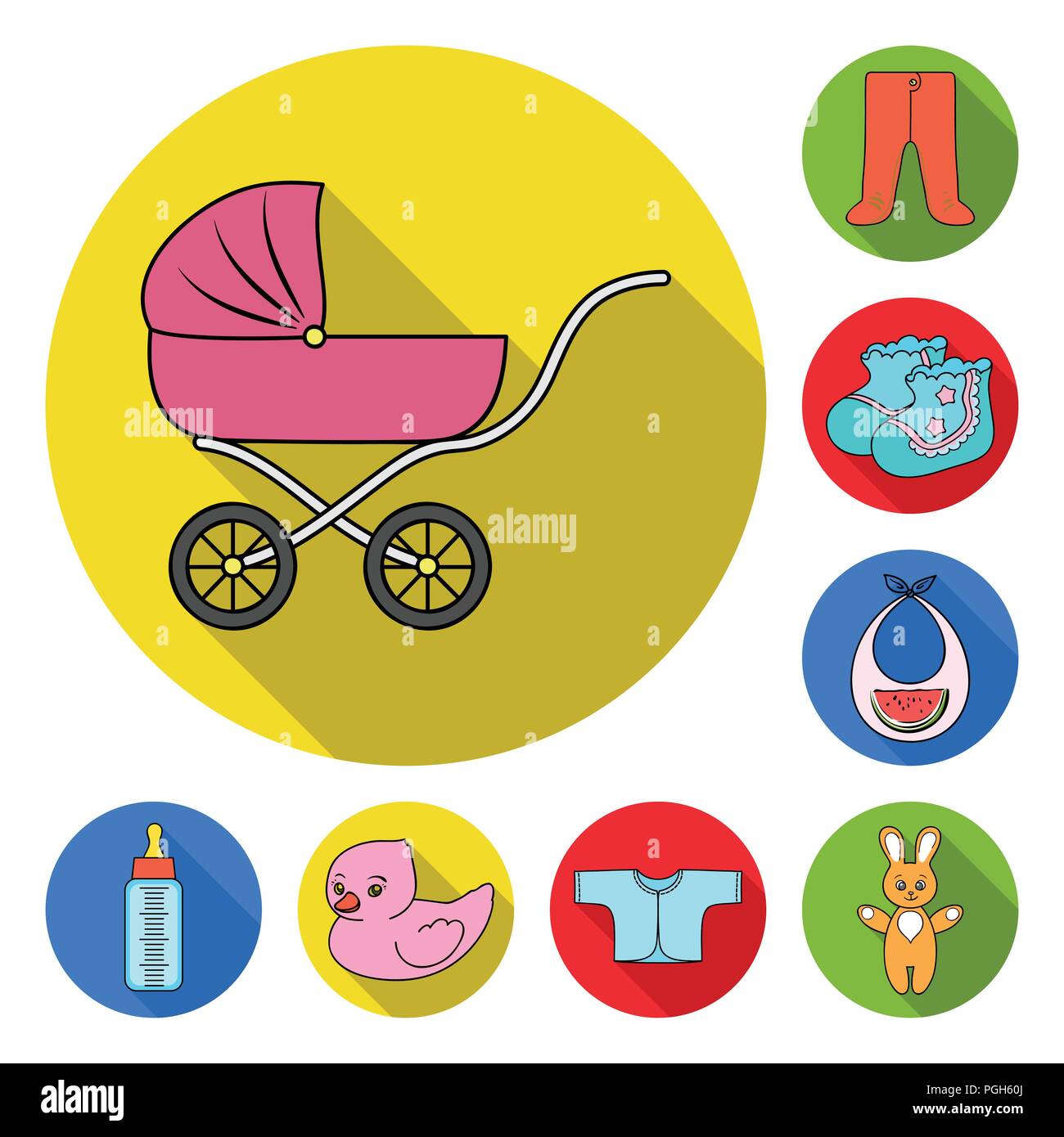 La nascita di un bambino le icone di piana in set di raccolta per il design. Neonati e accessori simbolo vettore illustrazione stock. Illustrazione Vettoriale