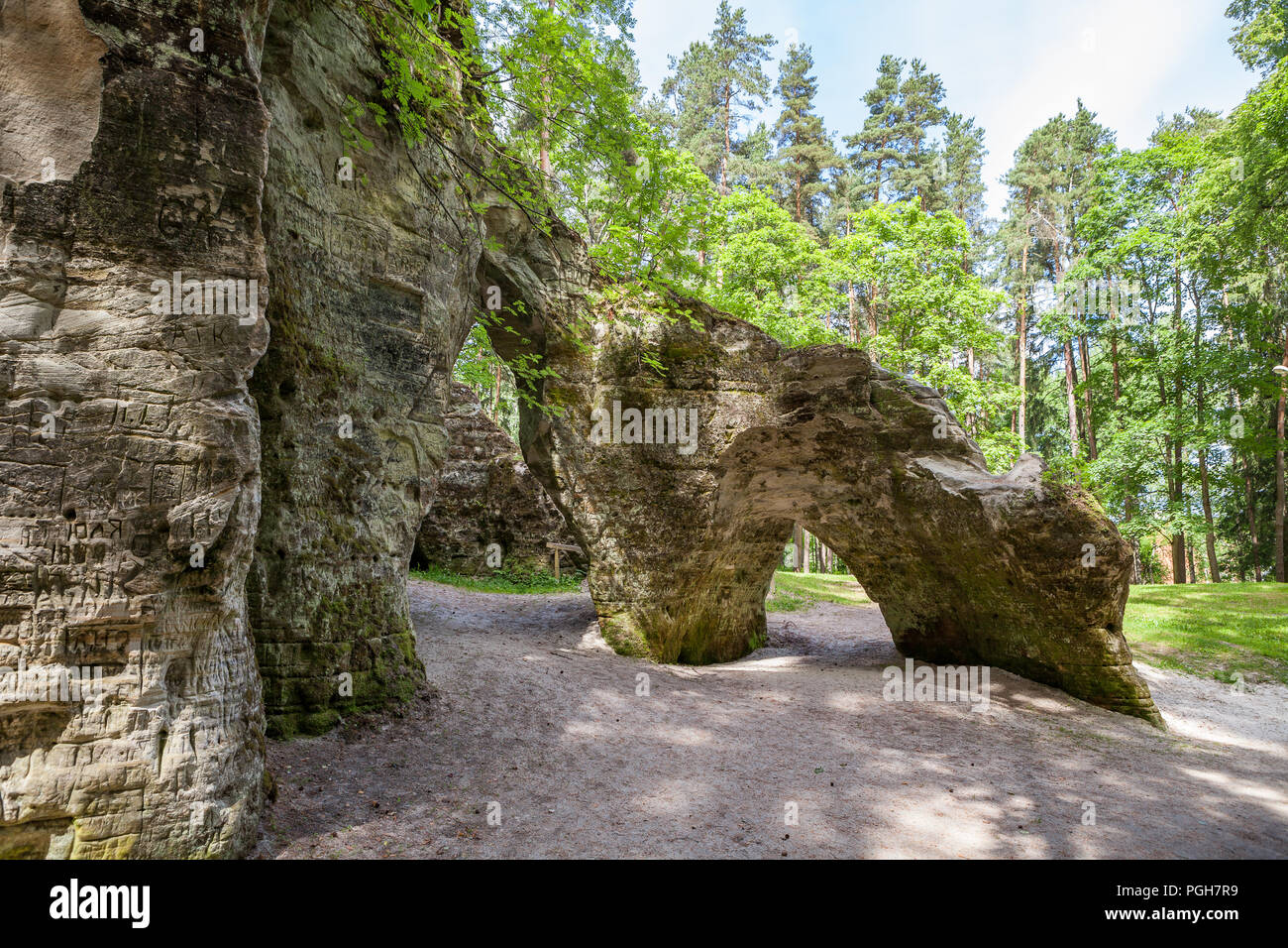 Vista panoramica per le pittoresche grotte di arenaria Liela Ellite erosa dall'acqua nella soleggiata giornata autunnale con foglie cadute sul terreno in Liepas parrocchia, Foto Stock