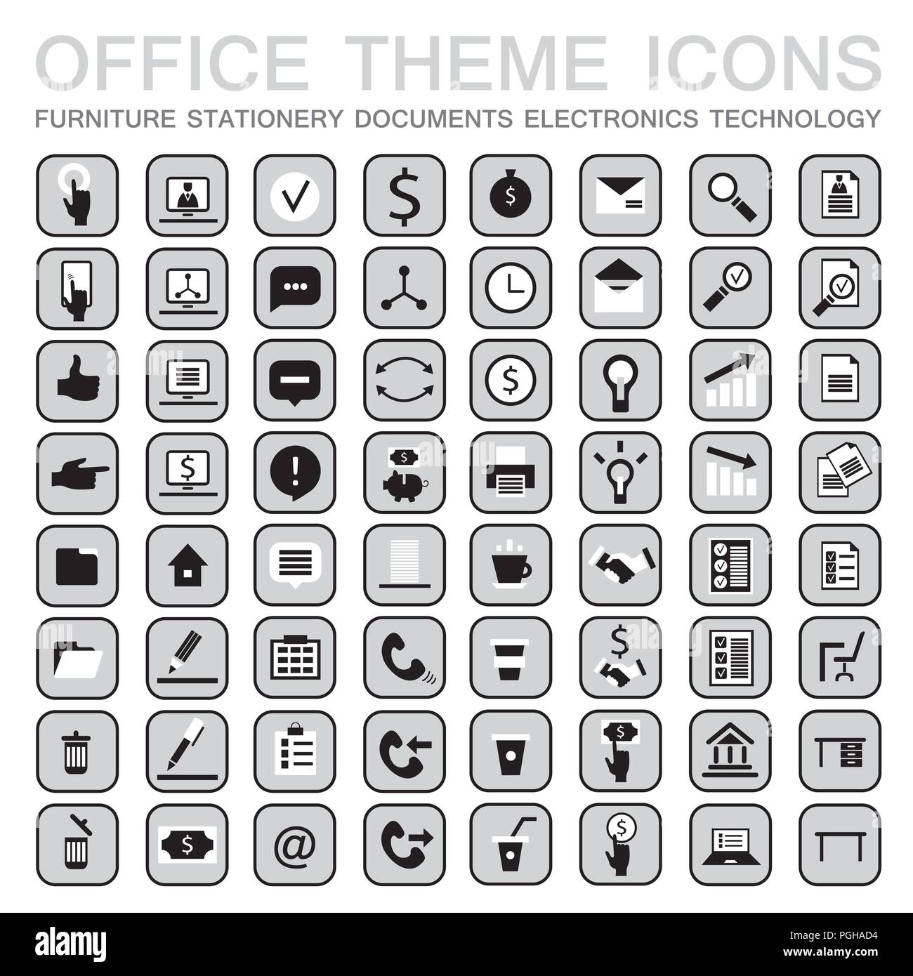 Set di 64 web icone per il business. Ufficio arredamento a tema,cancelleria,segnali,documenti,tecnologia e etc. Illustrazione Vettoriale