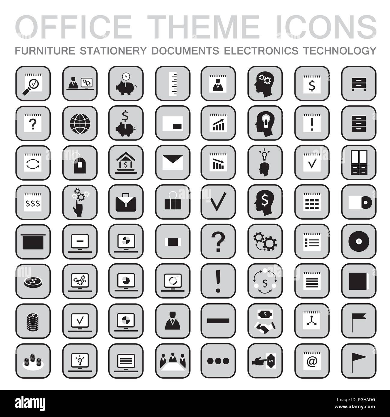 Set di 64 web icone per il business. Ufficio arredamento a tema,cancelleria,segnali,documenti,tecnologia e etc. Illustrazione Vettoriale