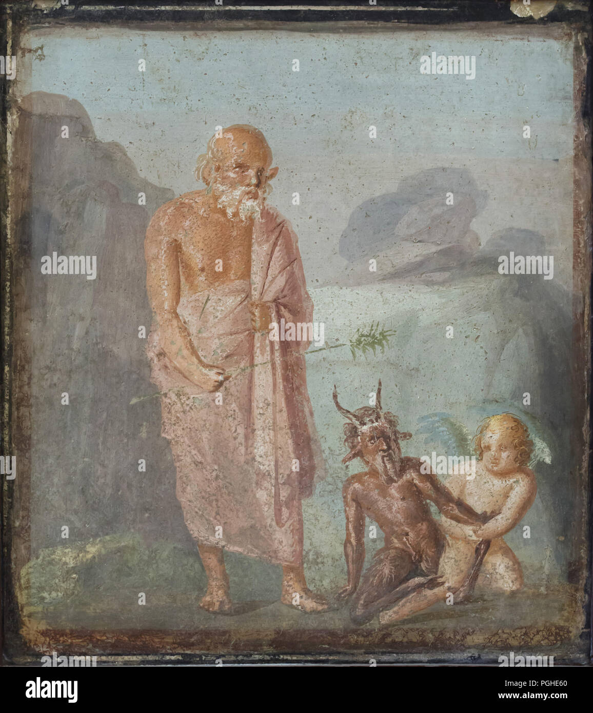 Lotta tra Amore e Pan in presenza di Sileno. Affresco romano dalla casa di Meleagro (Casa di Meleagro) in Pompei (1-79 AD), ora esposti nel Museo Archeologico Nazionale (Museo Archeologico Nazionale di Napoli) in Napoli, campania, Italy. Foto Stock