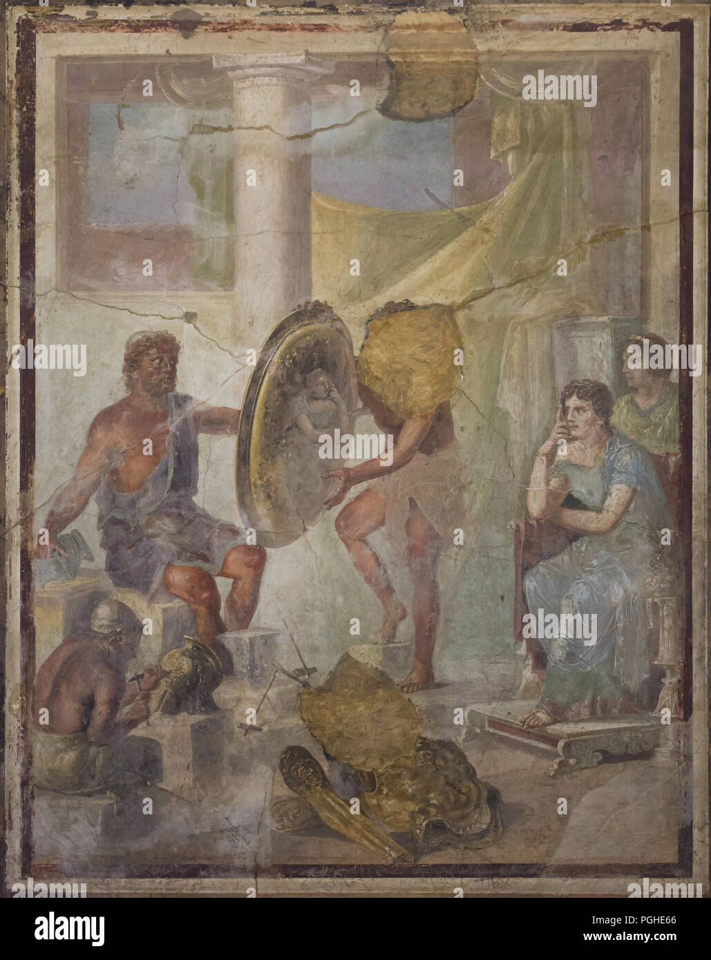 Efesto presentando i bracci di Achille di Thetis rappresentato in affresco Romano dalla casa del triclinio (Casa di Bacco) in Pompei (1-79 AD), ora esposti nel Museo Archeologico Nazionale (Museo Archeologico Nazionale di Napoli) in Napoli, campania, Italy. Thetis, la cui immagine è riflessa nello scudo, guarda attentamente il golden corazza che Efesto ha realizzato per Achille. Foto Stock