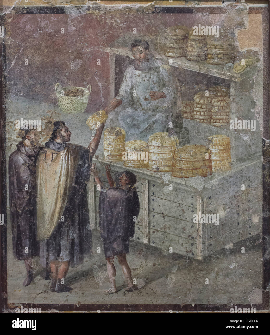 Panificio romano rappresentato in affresco Romano da Pompei, ora esposti nel Museo Archeologico Nazionale (Museo Archeologico Nazionale di Napoli) in Napoli, campania, Italy. Foto Stock