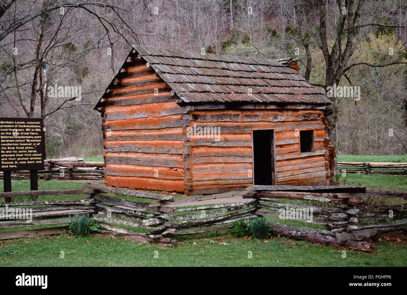 Abe Lincoln l'infanzia di cabina, Hodgenville, KY, Stati Uniti d'America Foto Stock