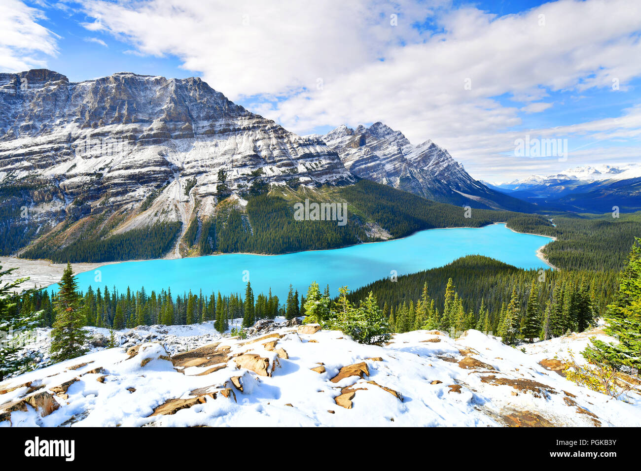 Vista dal vertice di prua di Peyto Lake nel Parco Nazionale di Banff, Alberta, Canada. Foto Stock