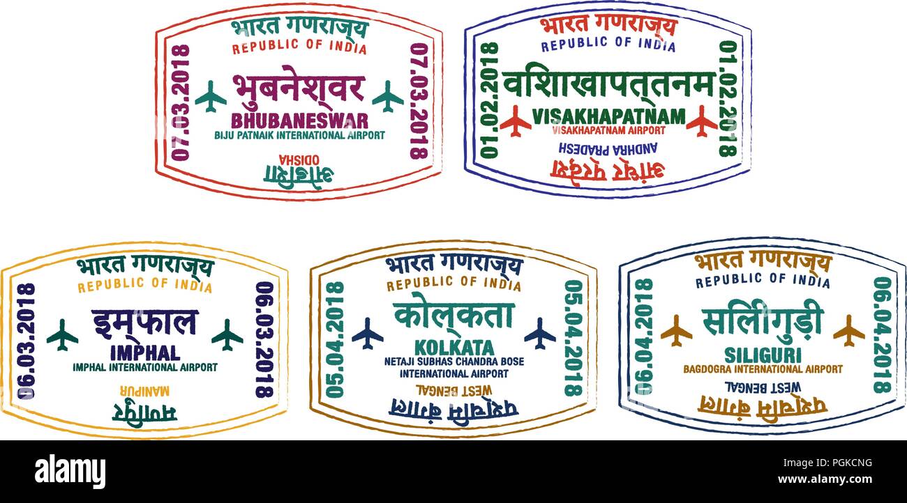 Set di stilizzati passaporto francobolli per i maggiori aeroporti di India orientale in formato vettoriale. Illustrazione Vettoriale