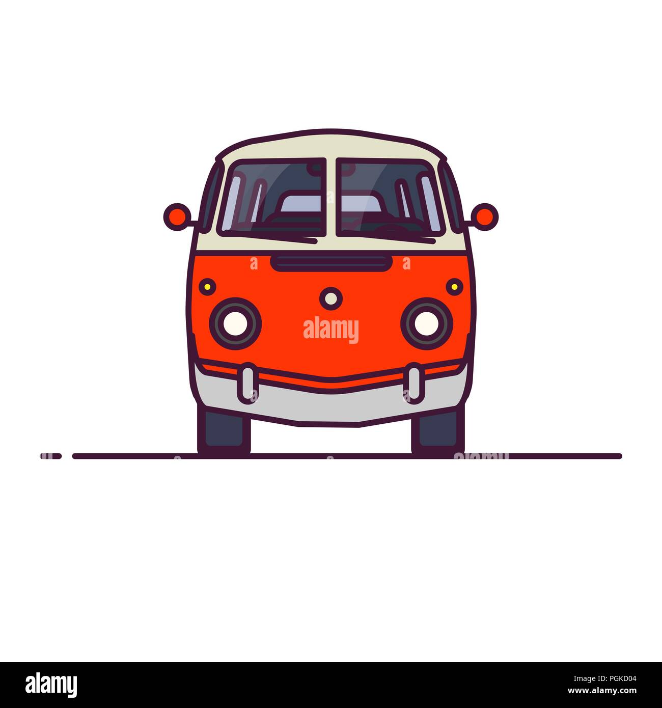 Il vecchio stile a due colori minivan. Vista frontale del retro rosso bus hippie. Lo stile di linea illustrazione vettoriale. Veicoli e trasporti banner. In stile retrò vecchia auto fr Illustrazione Vettoriale