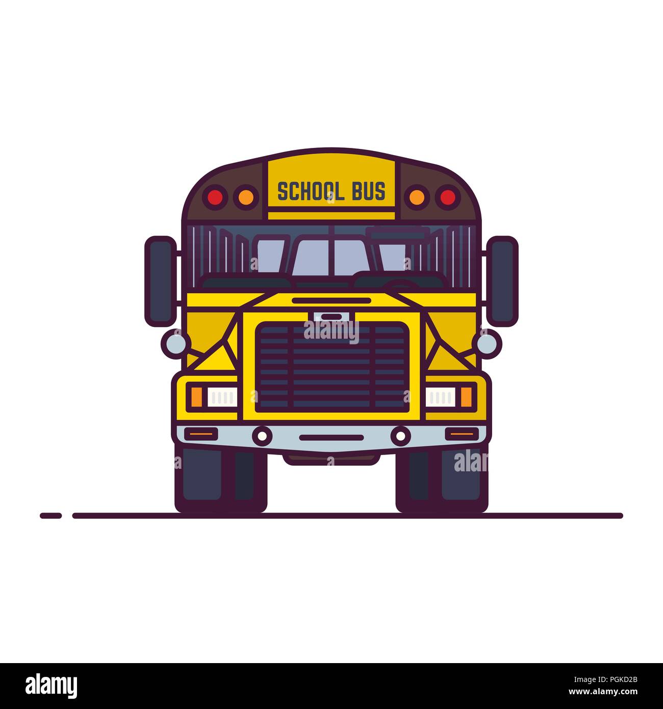 Vista frontale del giallo scuola bus. Trasporto rétro in stile vecchio veicolo. Lo stile di linea illustrazione vettoriale. Veicoli e trasporti banner. Trasporto scolastico. Illustrazione Vettoriale