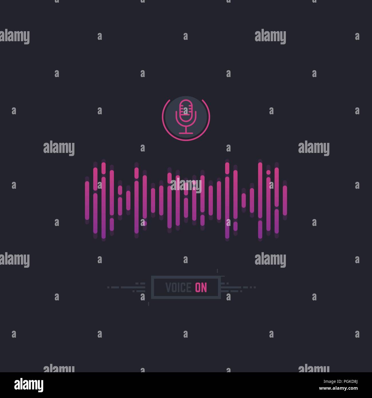 Assistente vocale. Tecnologia di riconoscimento vocale. Stile gradiente onda acustica in forma di pile. Segno di microfono e assistente personale banner con un pulsante Illustrazione Vettoriale