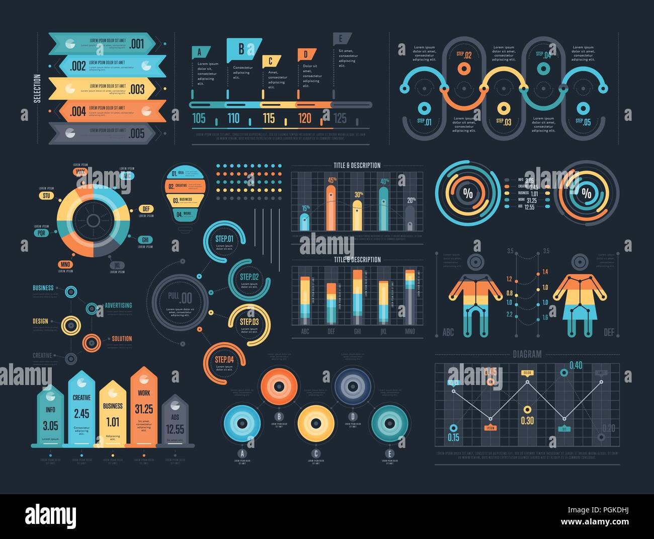 Una infografica elementi su sfondo scuro Illustrazione Vettoriale