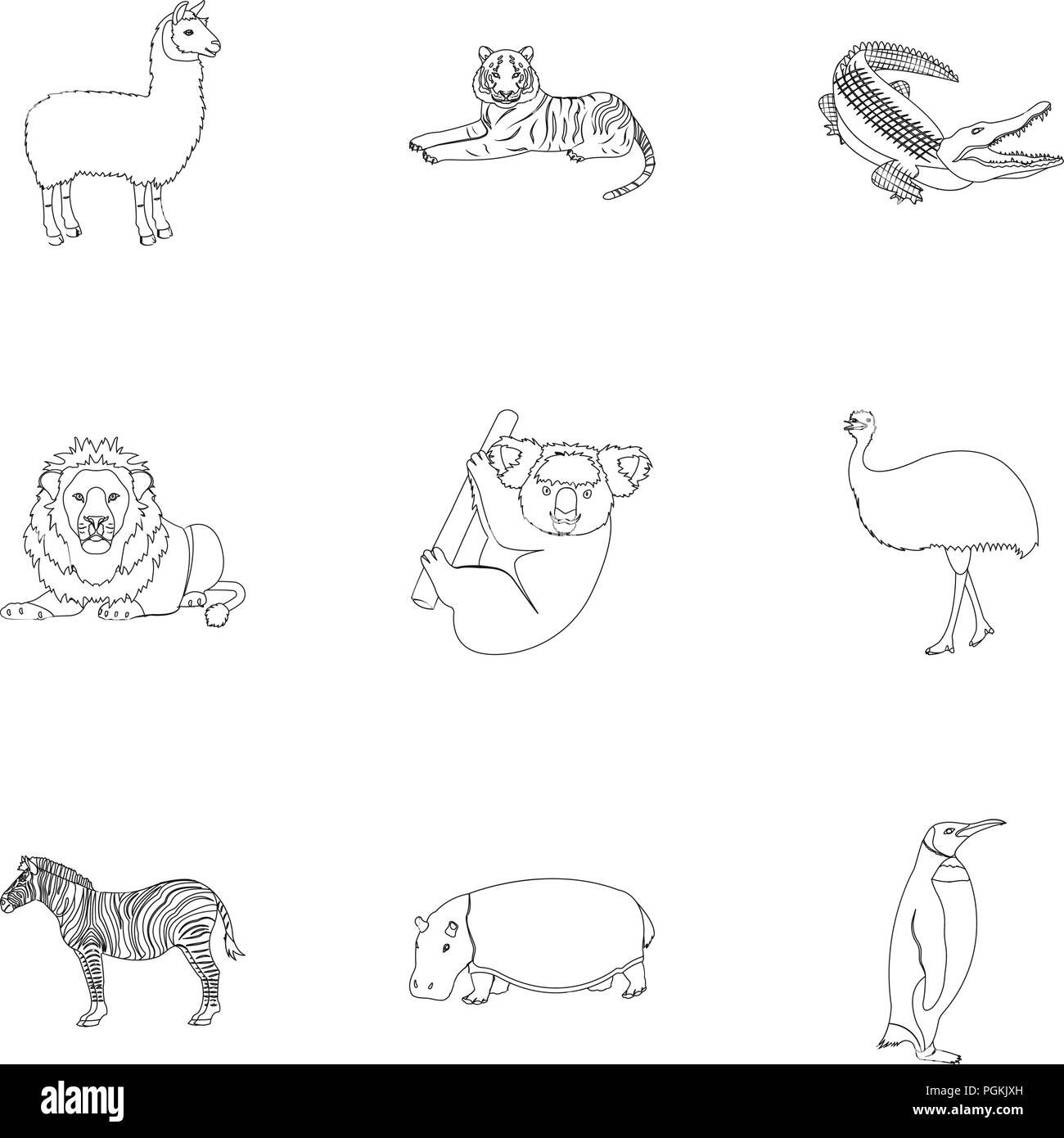 Ostrich emu, coccodrillo, Giraffe, tigre, pinguino e altri animali selvatici. Artiodactyla, mammiferi predatori e animali set di icone di raccolta in contorno Illustrazione Vettoriale