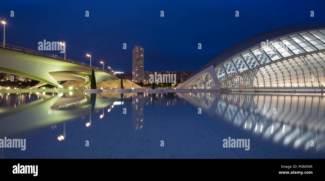 Architettura di Santiago Calatrava a Valencia in Spagna. La fotografia notturna. Foto Stock