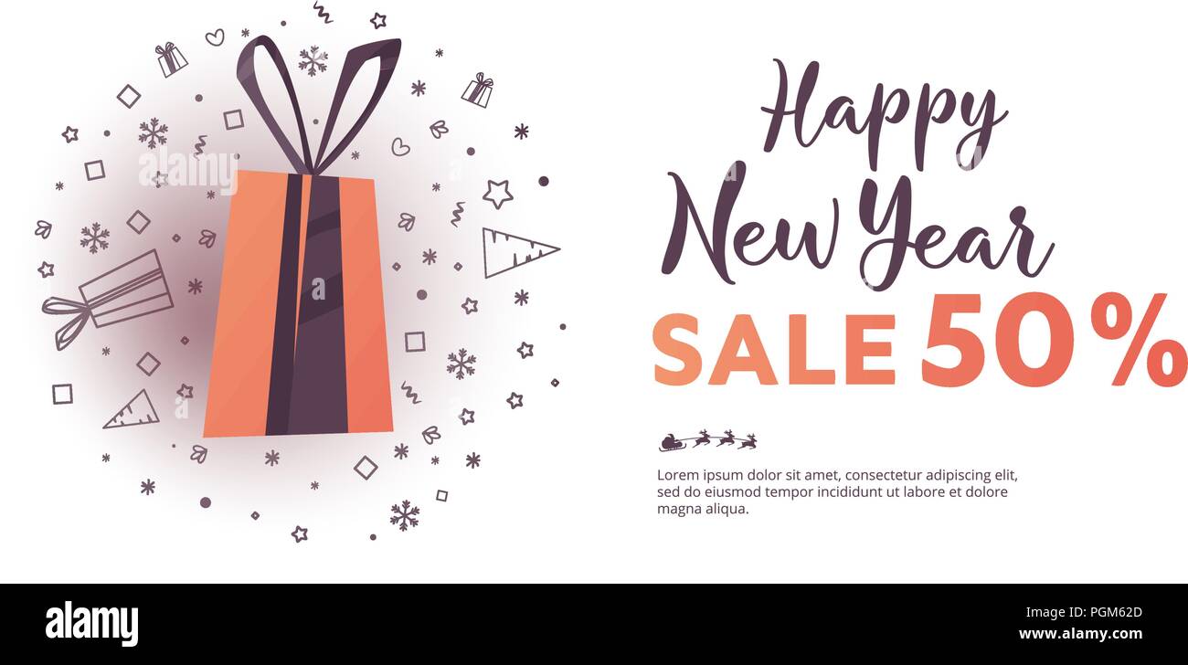 Anno nuovo vettore banner con offerta speciale 50% di sconto. Natale grande vendita poster Illustrazione Vettoriale