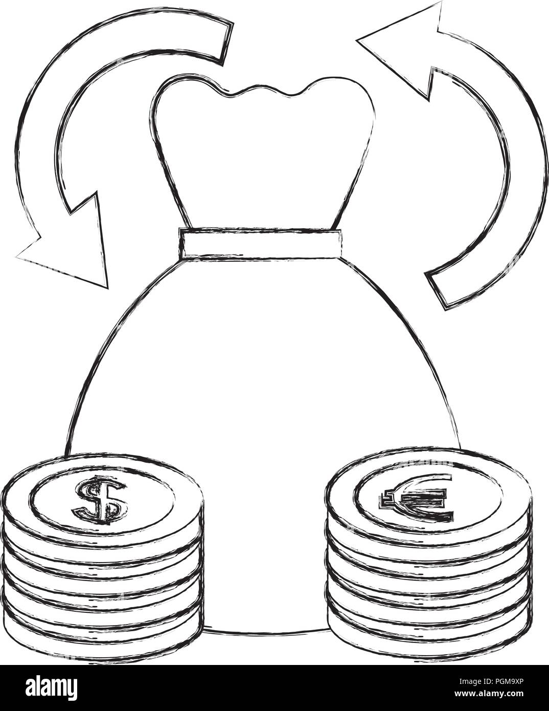 Denaro borsa delle monete in valuta euro dollaro valuta estera illustrazione vettoriale del disegno a mano Illustrazione Vettoriale