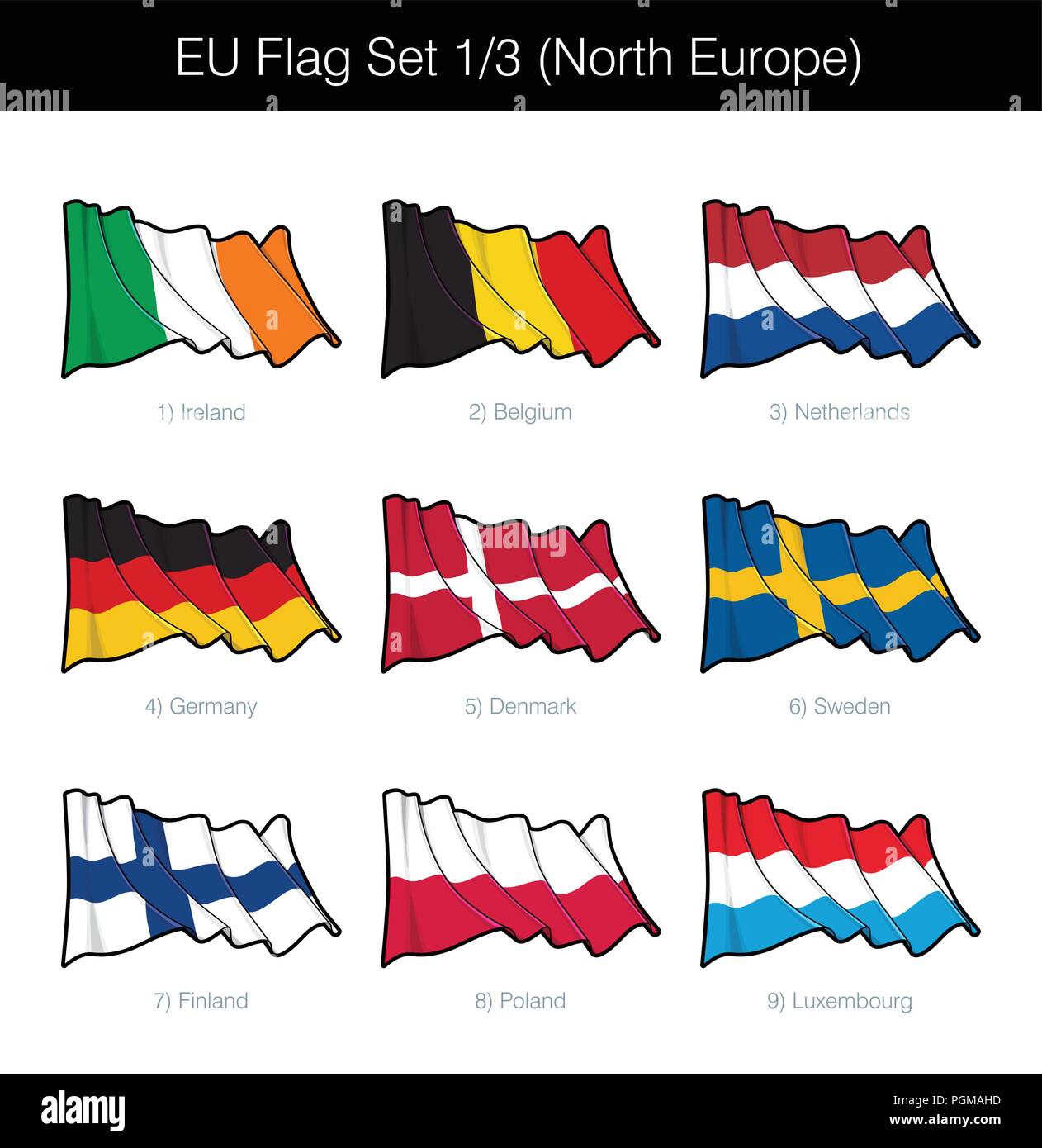 Unione europea sventola bandiera insieme di Nord degli Stati europei. Il set include le bandiere di Irlanda, Belgio, Germania, Paesi Bassi, Danimarca, Svezia, Finlandia, Polonia Illustrazione Vettoriale