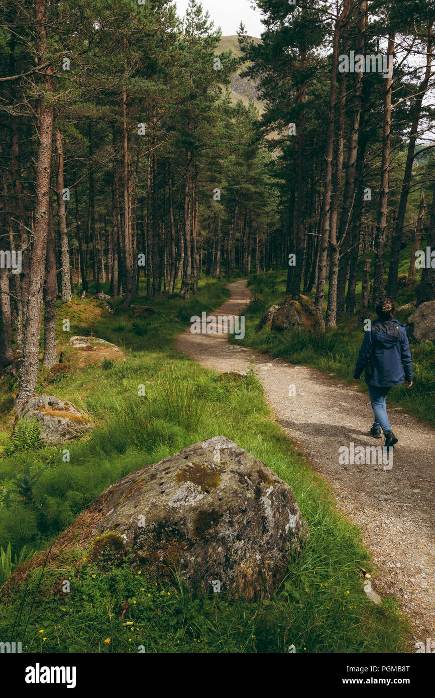 Ragazza camminare su un sentiero di bosco Foto Stock