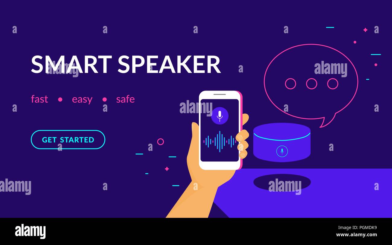 Smart speaker, voce Dispositivo di comando integrato con un assistente virtuale. Vettore di piatto al neon modello di sito web e landing page design della mano umana contiene s Illustrazione Vettoriale