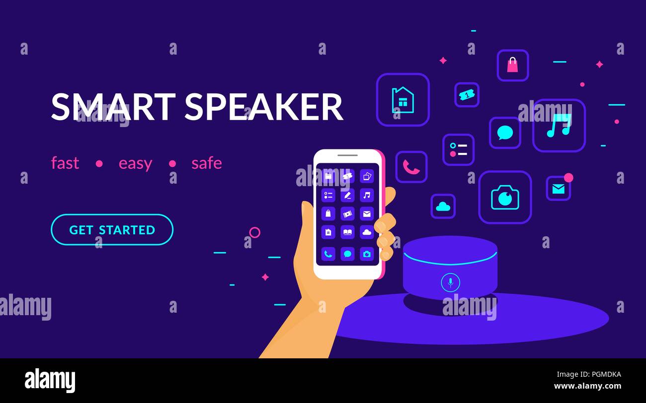Smart speaker, il comando vocale dispositivo collegato allo smartphone e applicazioni utili. Vettore di piatto al neon modello di sito web e landing page design della mano umana w Illustrazione Vettoriale