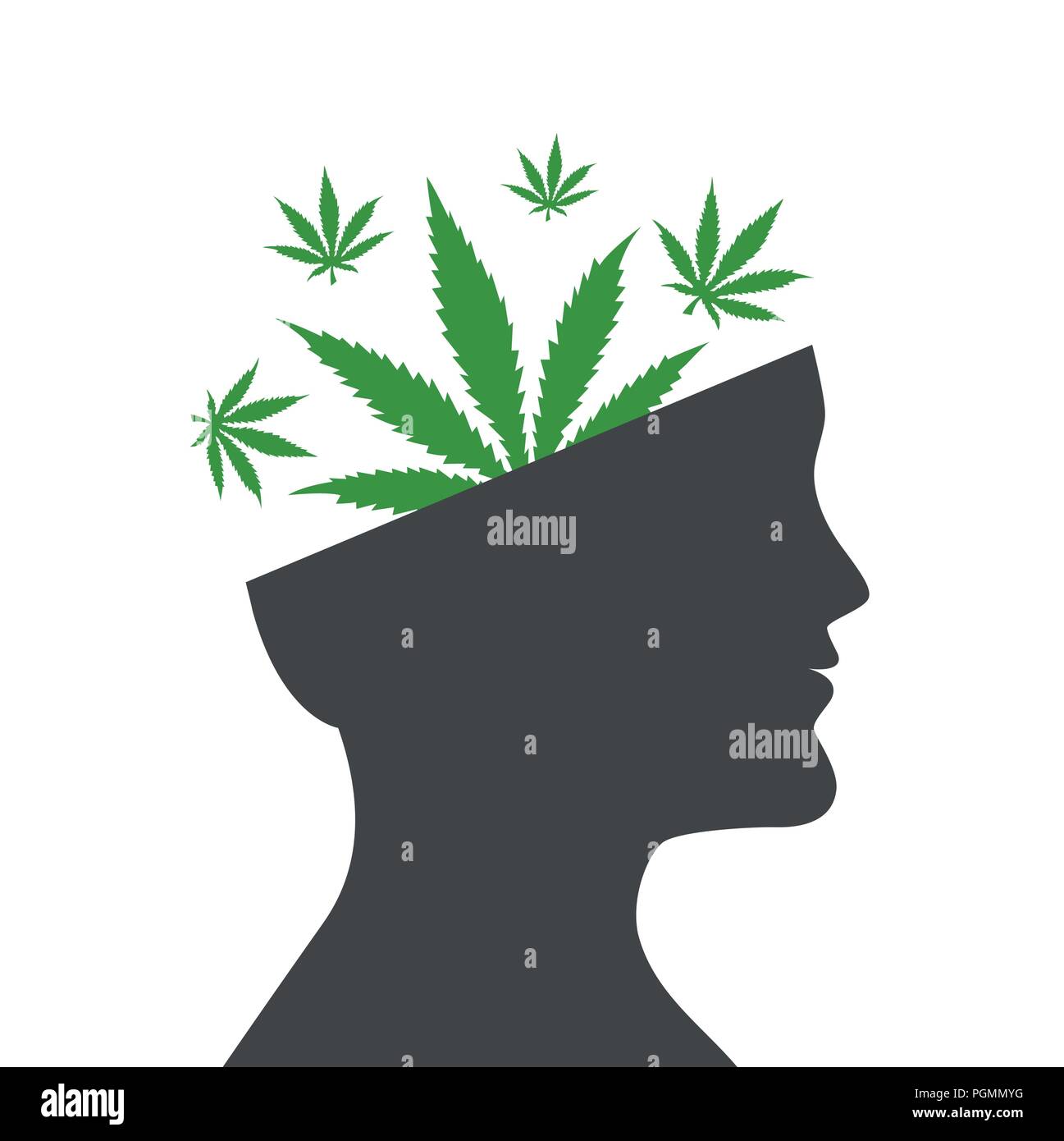 Foglie di cannabis in testa di uomo silhouette illustrazione vettoriale EPS10 Illustrazione Vettoriale