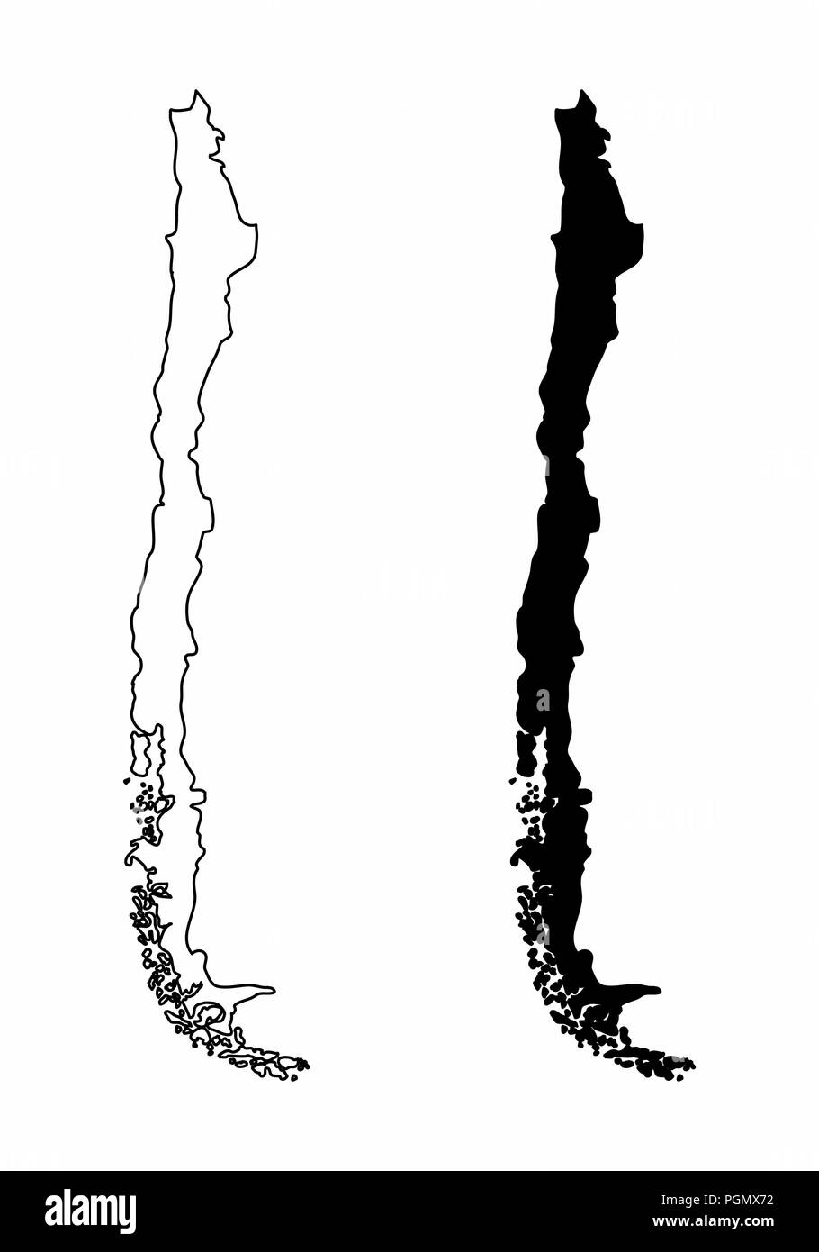 Mappe semplificata del Cile. In bianco e nero dei contorni. Illustrazione Vettoriale