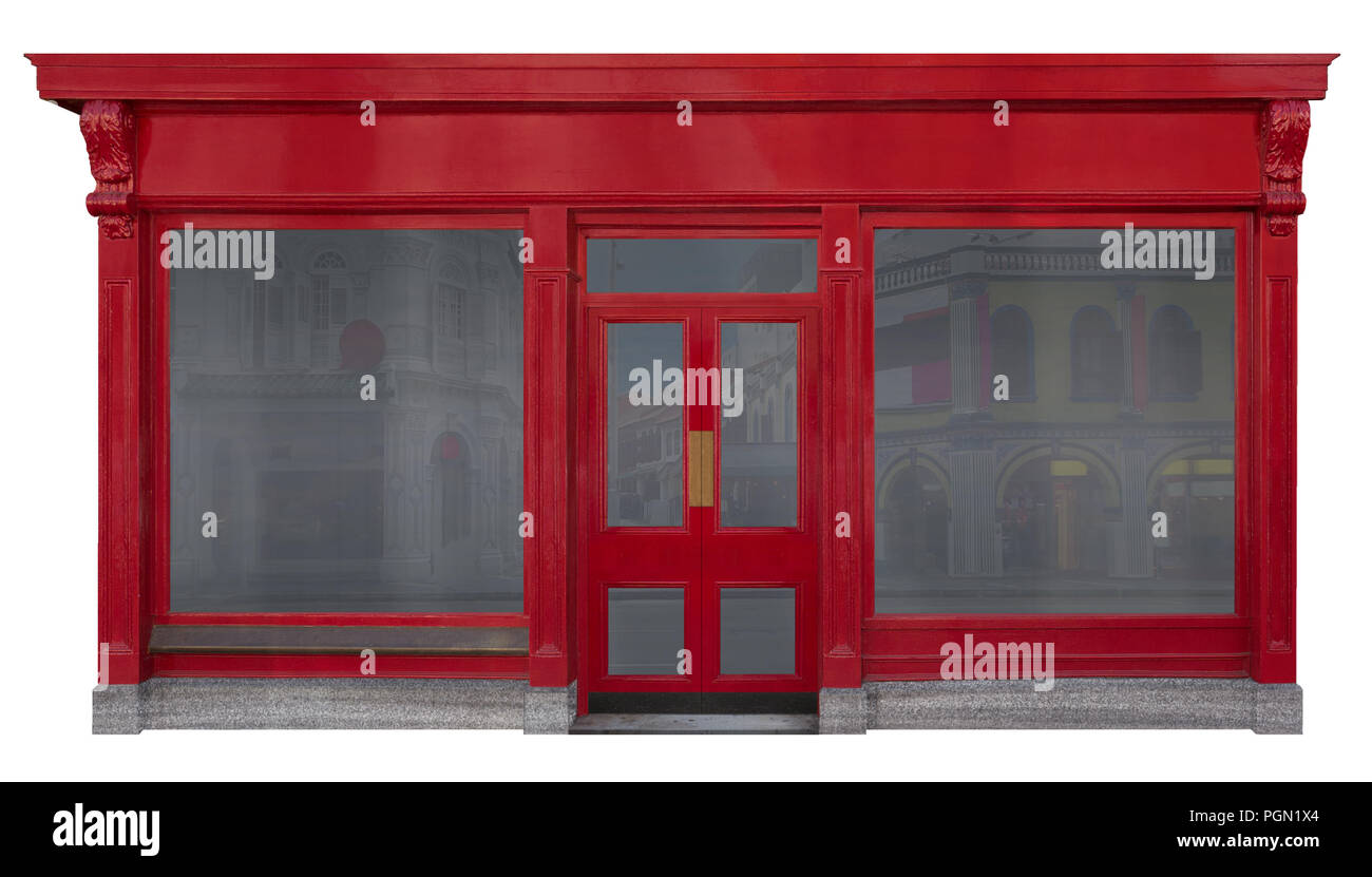 Storefront facciata con red vista frontale in legno. Due vetrine e una porta nel mezzo isolato su sfondo bianco Foto Stock