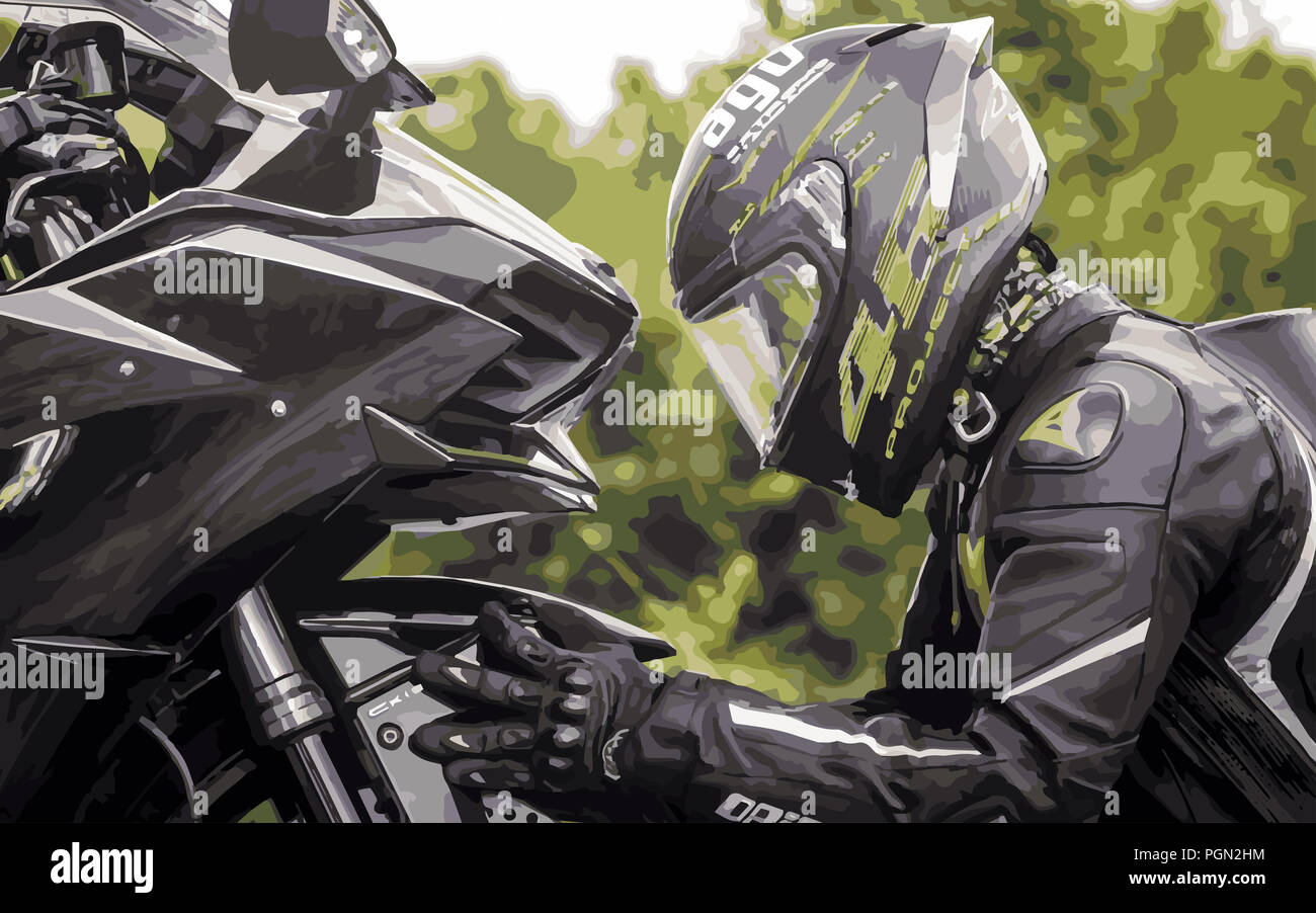 Un mans amore senza riserve per la sua moto. Foto Stock