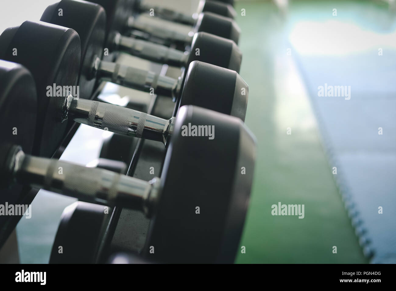 Fila di manubri in palestra. Nero set di manubri in sport club fitness center. Foto Stock