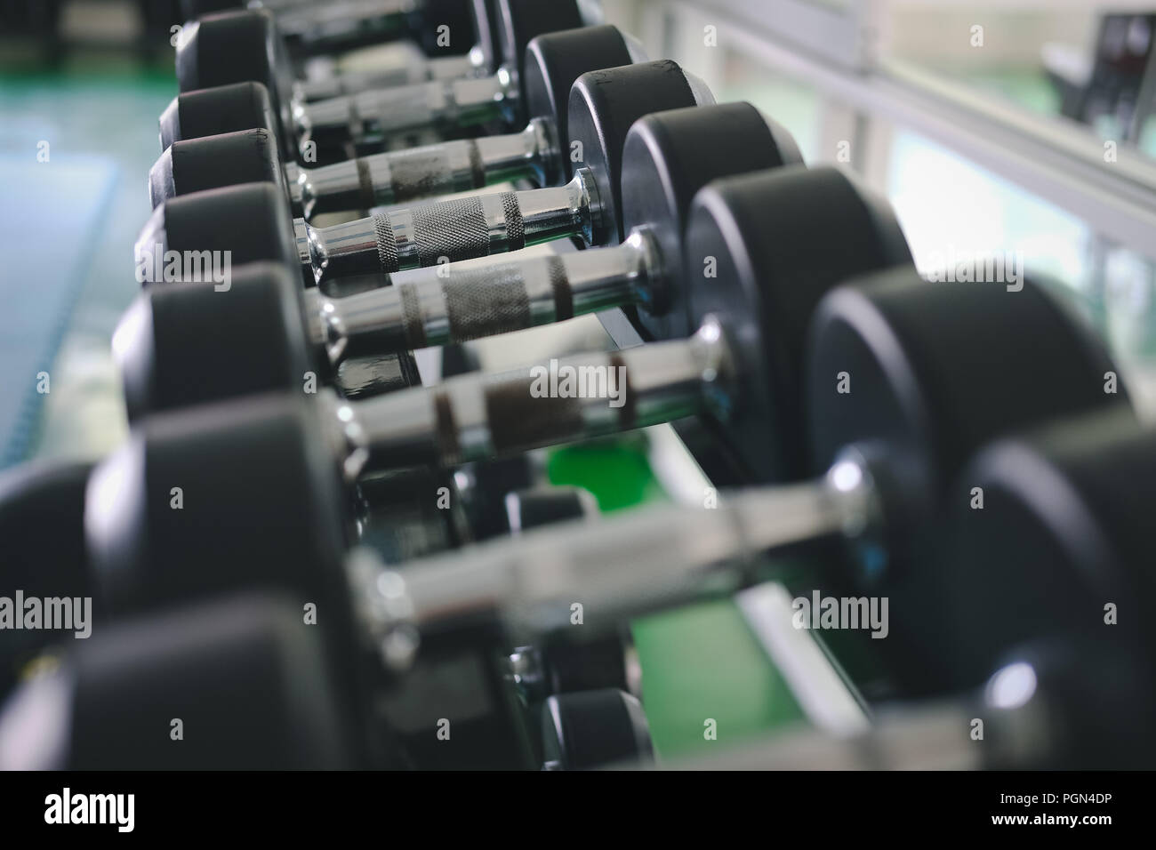 Fila di manubri in palestra. Nero set di manubri in sport club fitness center. Foto Stock