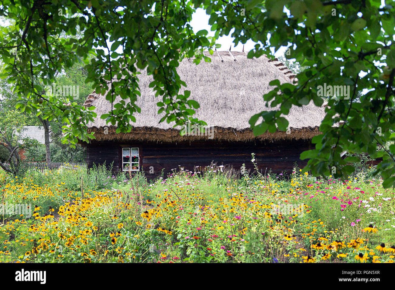 Vecchia casa in legno con fiore giardino nella parte anteriore Foto Stock