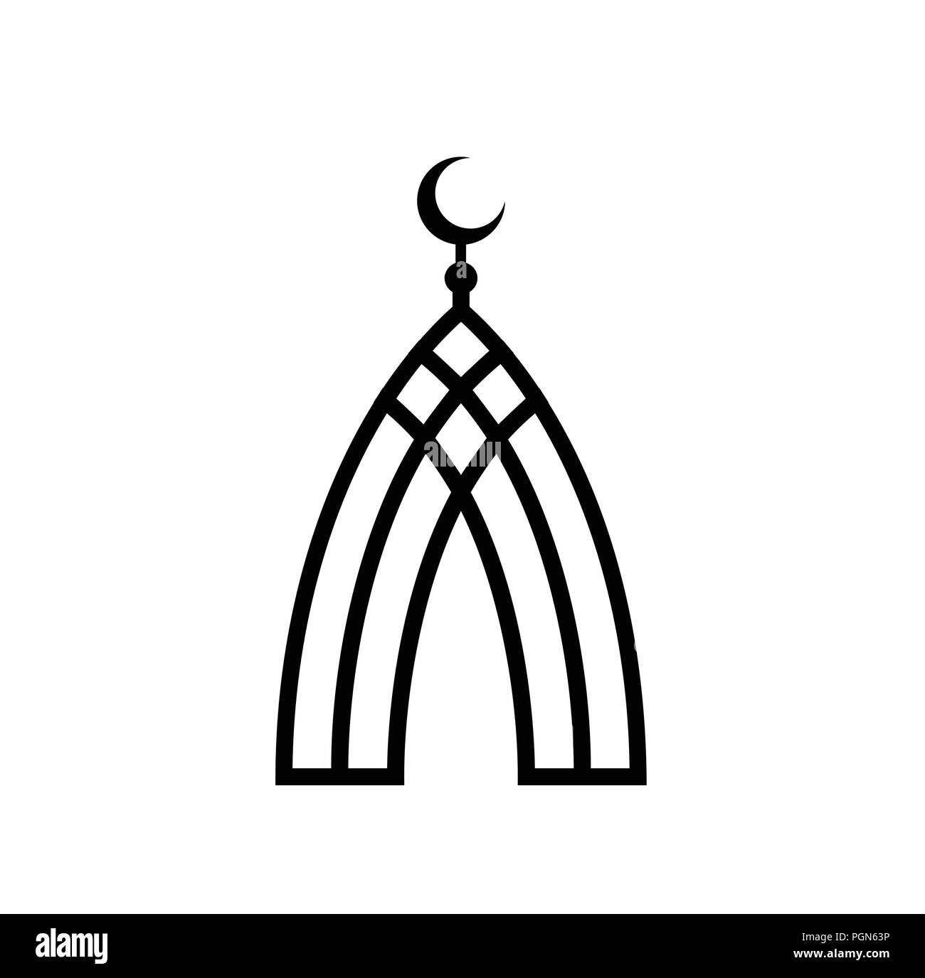 La moschea di linee nere. L'Islam simbolo. Mezzaluna islamica icona vettore. Religione musulmana logo piatto modello. La religione casa semplice piatto simbolo su sfondo bianco. Illustrazione Vettoriale